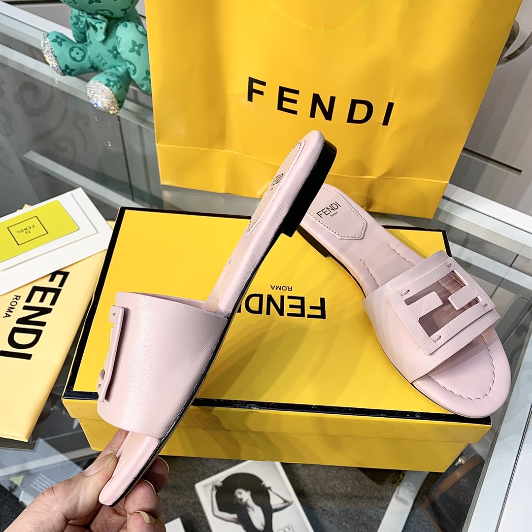 Fendi Signature Pink Leather Slides - DopestKickz