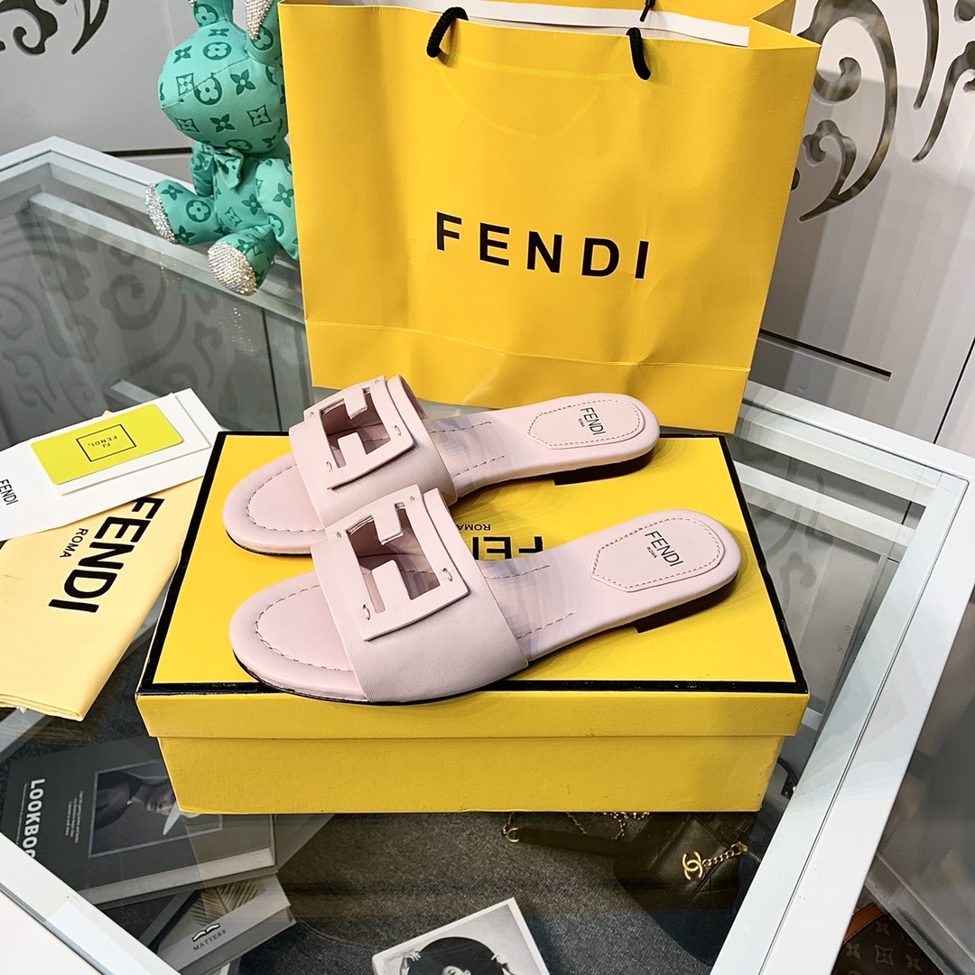 Fendi Signature Pink Leather Slides - DopestKickz