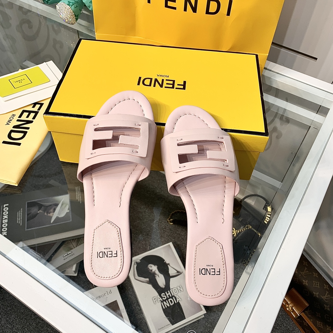Fendi Signature Pink Leather Slides - DopestKickz
