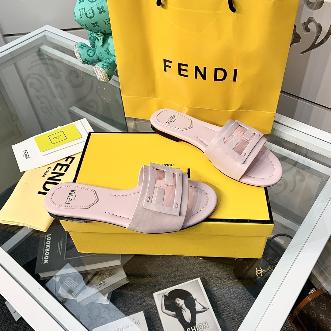 Fendi Signature Pink Leather Slides - DopestKickz