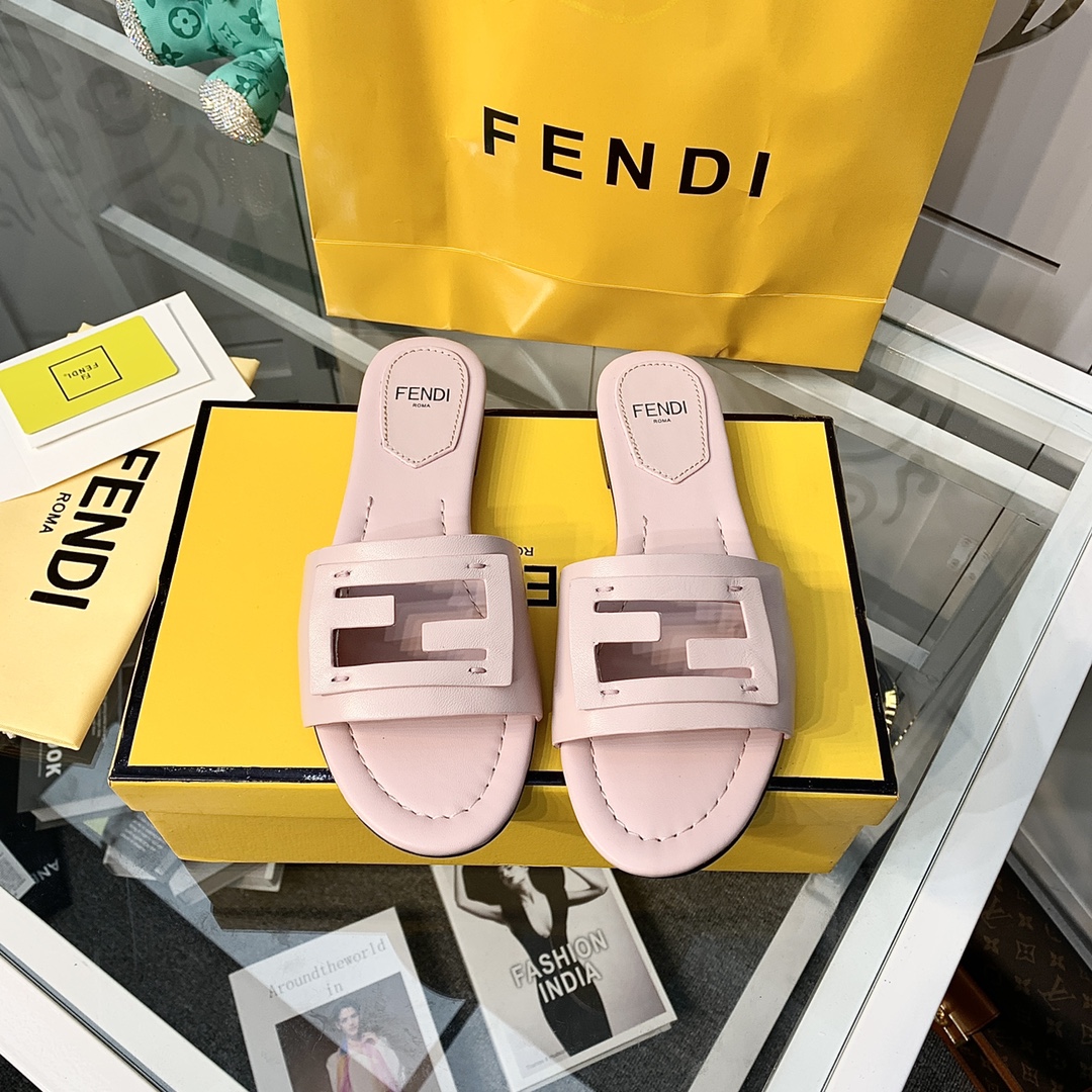 Fendi Signature Pink Leather Slides - DopestKickz