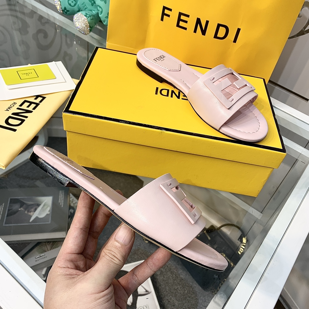 Fendi Signature Pink Leather Slides - DopestKickz