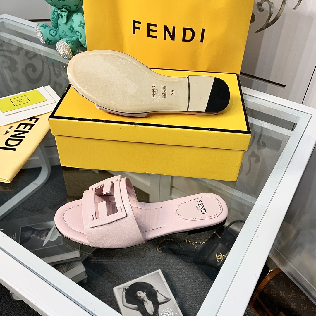 Fendi Signature Pink Leather Slides - DopestKickz
