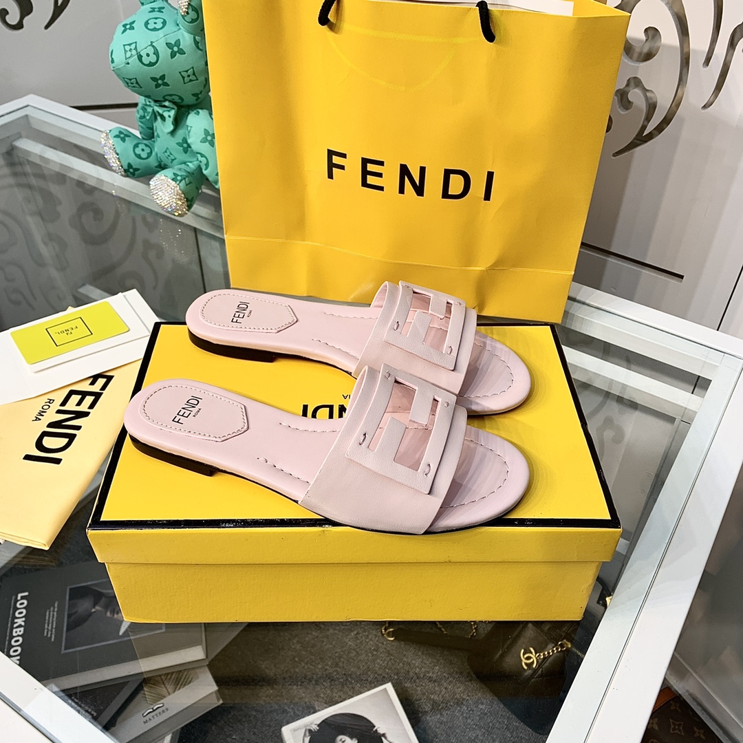 Fendi Signature Pink Leather Slides - DopestKickz