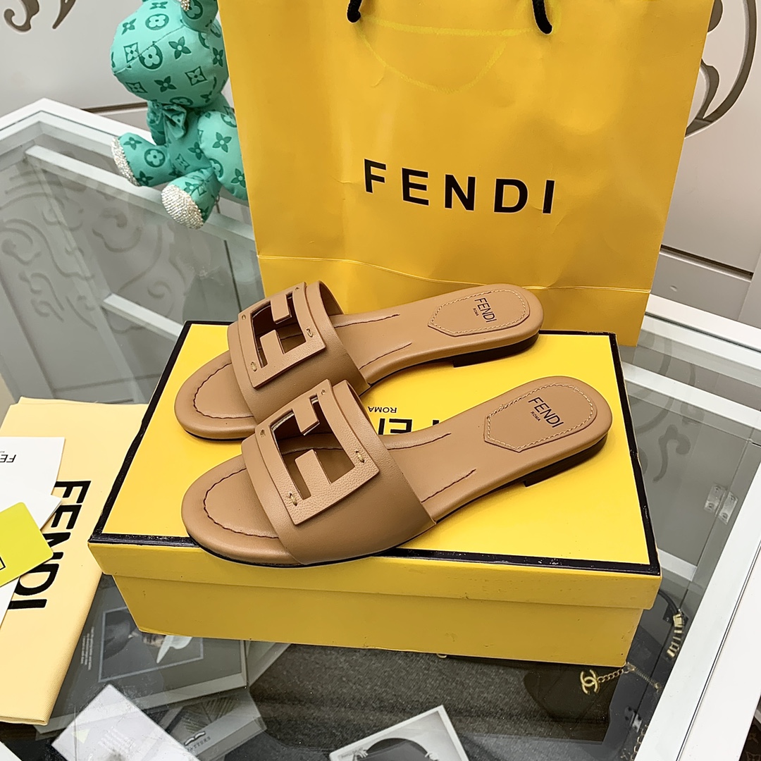 Fendi Signature Brown Leather Slides - DopestKickz