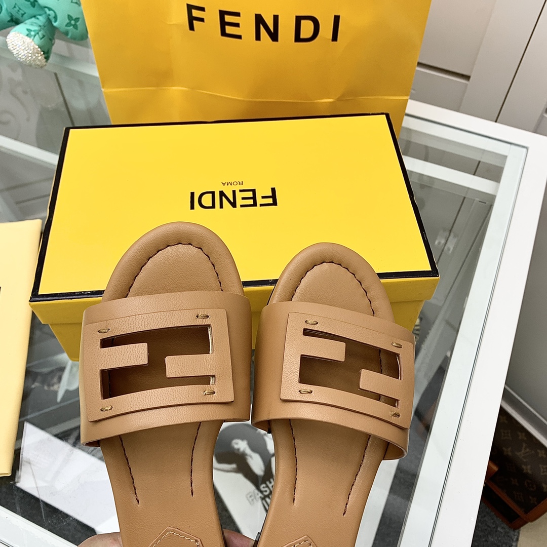 Fendi Signature Brown Leather Slides - DopestKickz