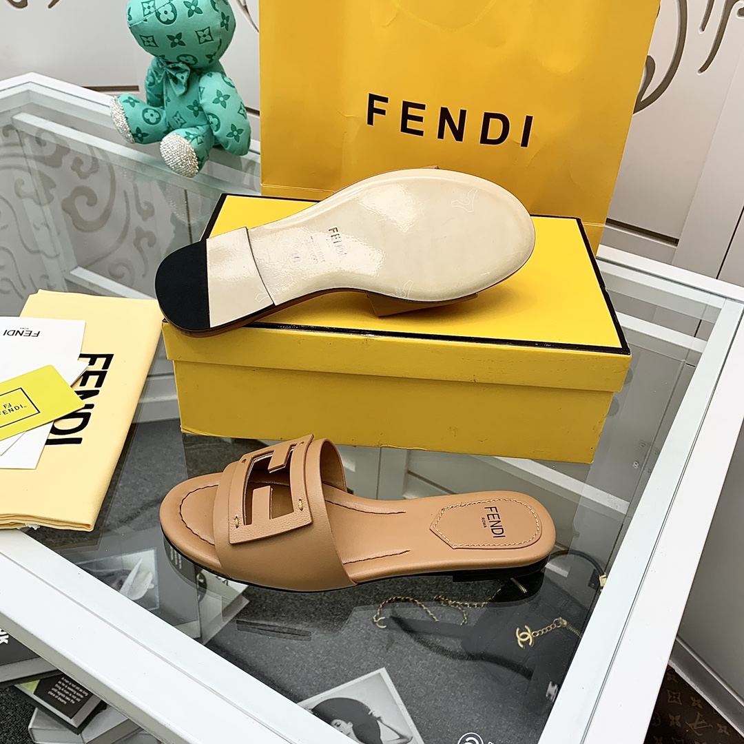 Fendi Signature Brown Leather Slides - DopestKickz
