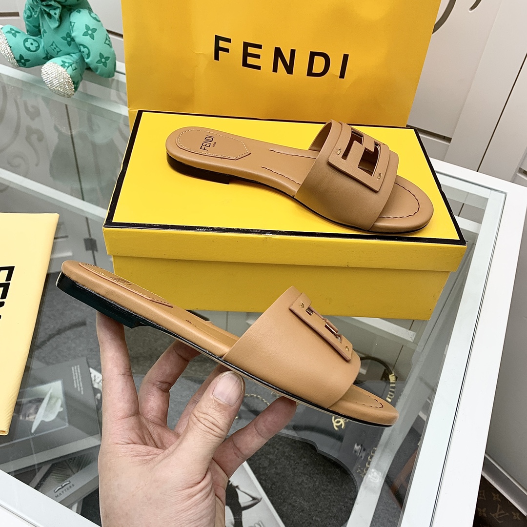 Fendi Signature Brown Leather Slides - DopestKickz