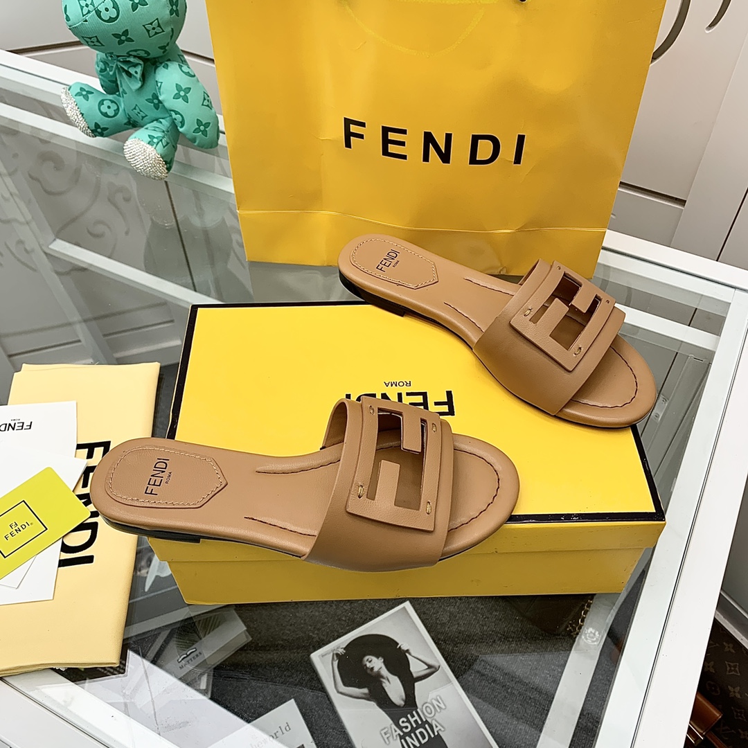 Fendi Signature Brown Leather Slides - DopestKickz