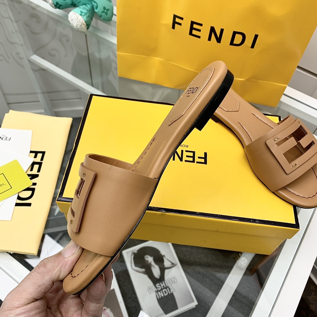 Fendi Signature Brown Leather Slides - DopestKickz
