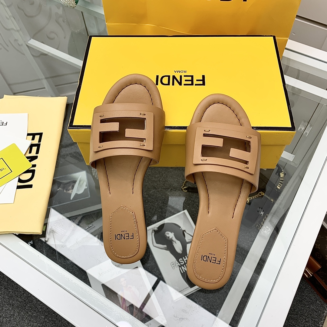 Fendi Signature Brown Leather Slides - DopestKickz
