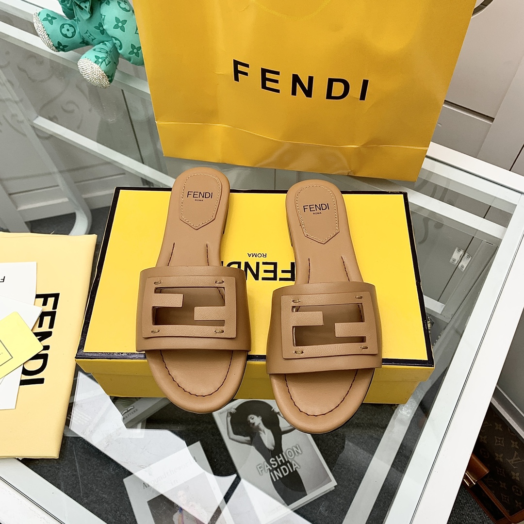 Fendi Signature Brown Leather Slides - DopestKickz