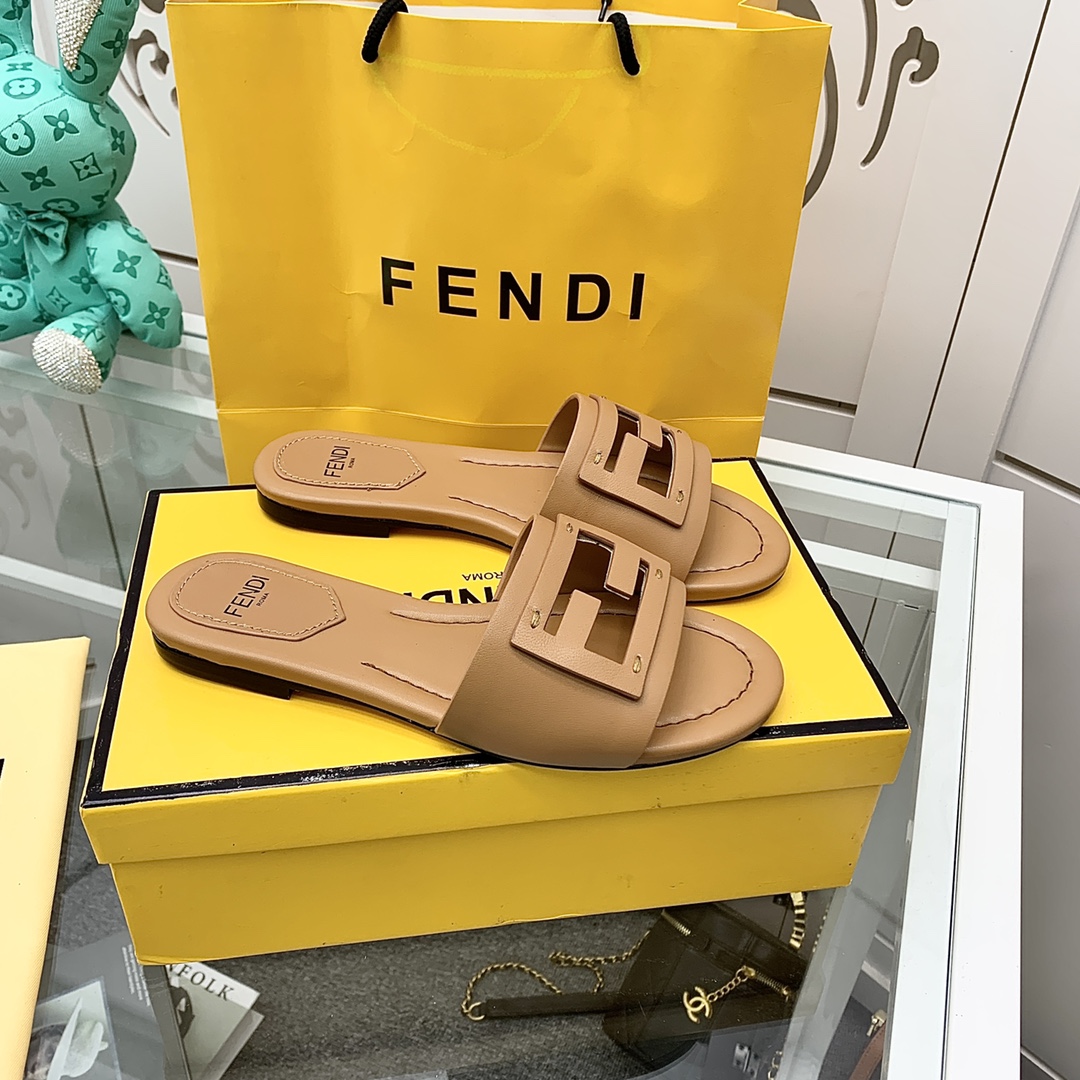 Fendi Signature Brown Leather Slides - DopestKickz