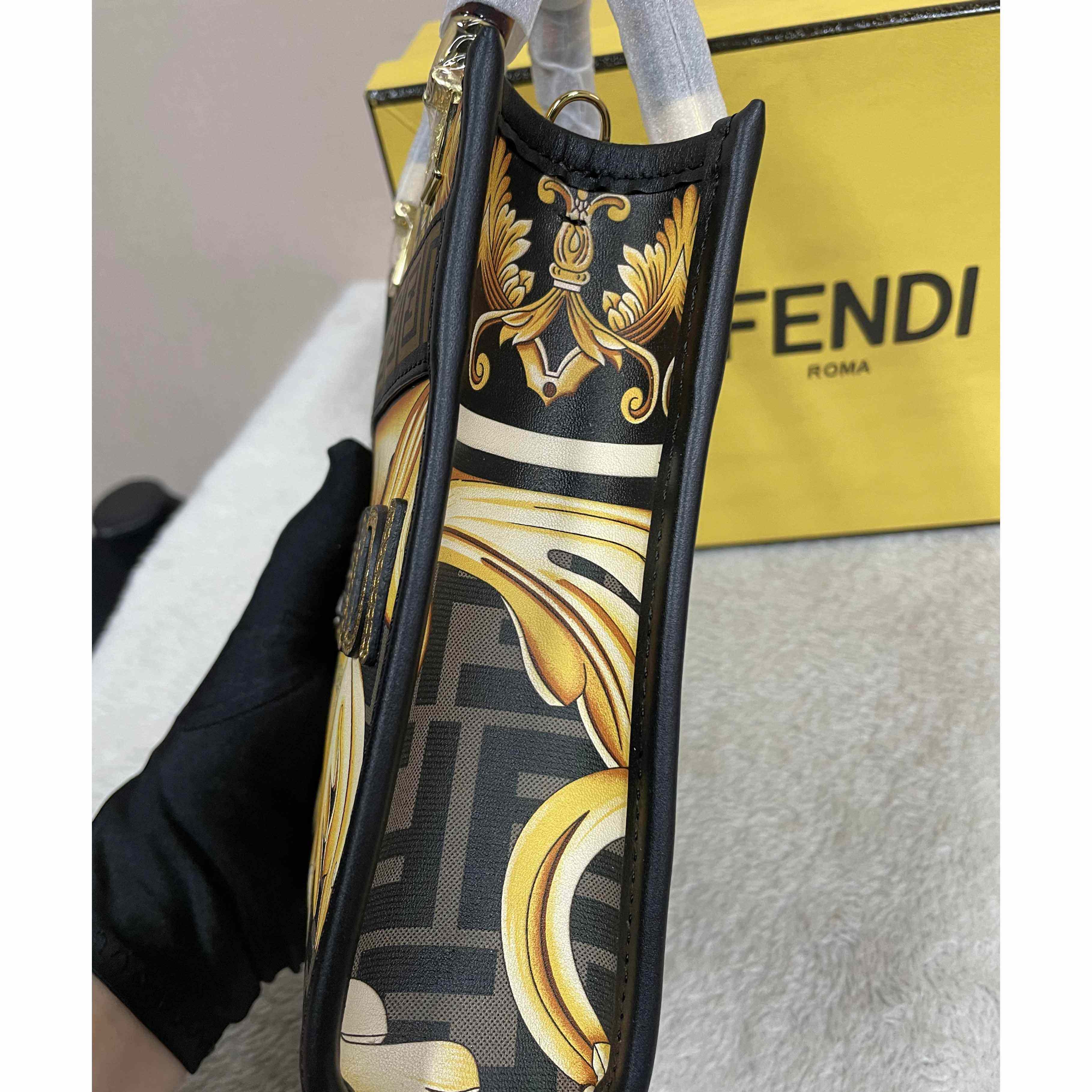 Versace x Fendi Mini Sunshine Shopper Fendace Printed White Leather Mini Bag(13-18-6.5cm) - DopestKickz