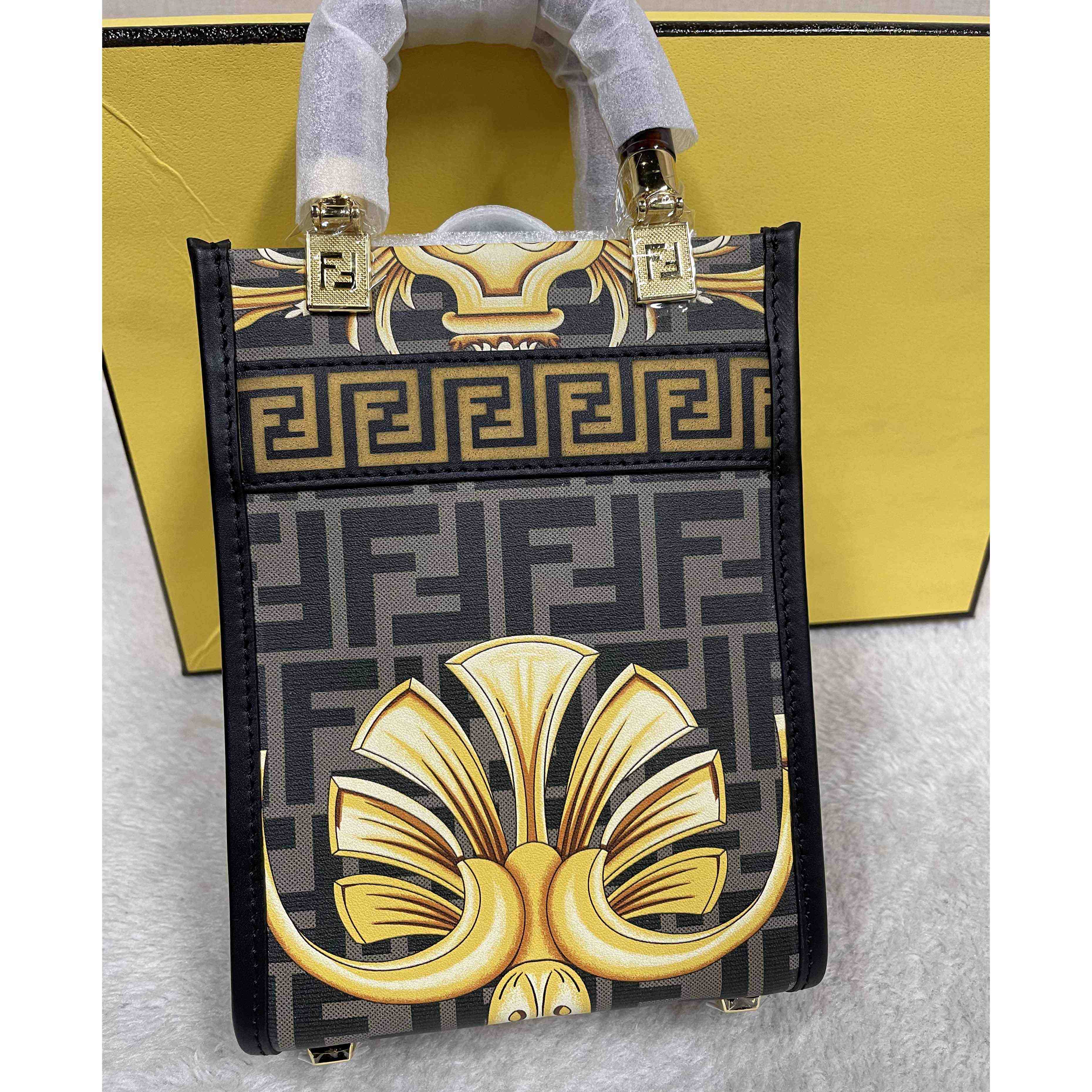 Versace x Fendi Mini Sunshine Shopper Fendace Printed White Leather Mini Bag(13-18-6.5cm) - DopestKickz