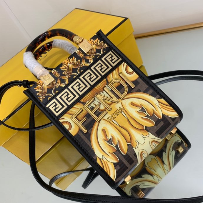 Versace x Fendi Mini Sunshine Shopper Fendace Printed White Leather Mini Bag(13-18-6.5cm) - DopestKickz