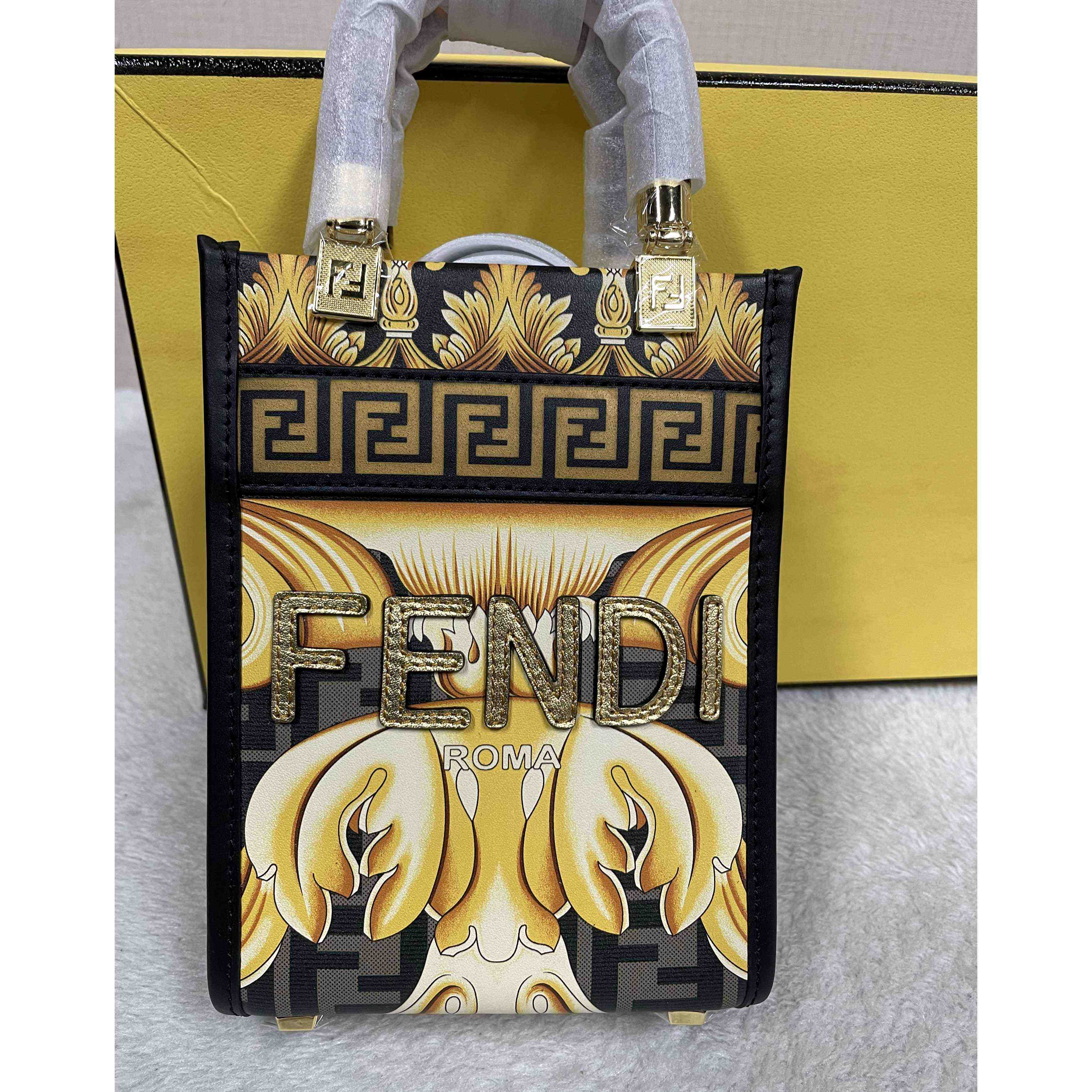 Versace x Fendi Mini Sunshine Shopper Fendace Printed White Leather Mini Bag(13-18-6.5cm) - DopestKickz
