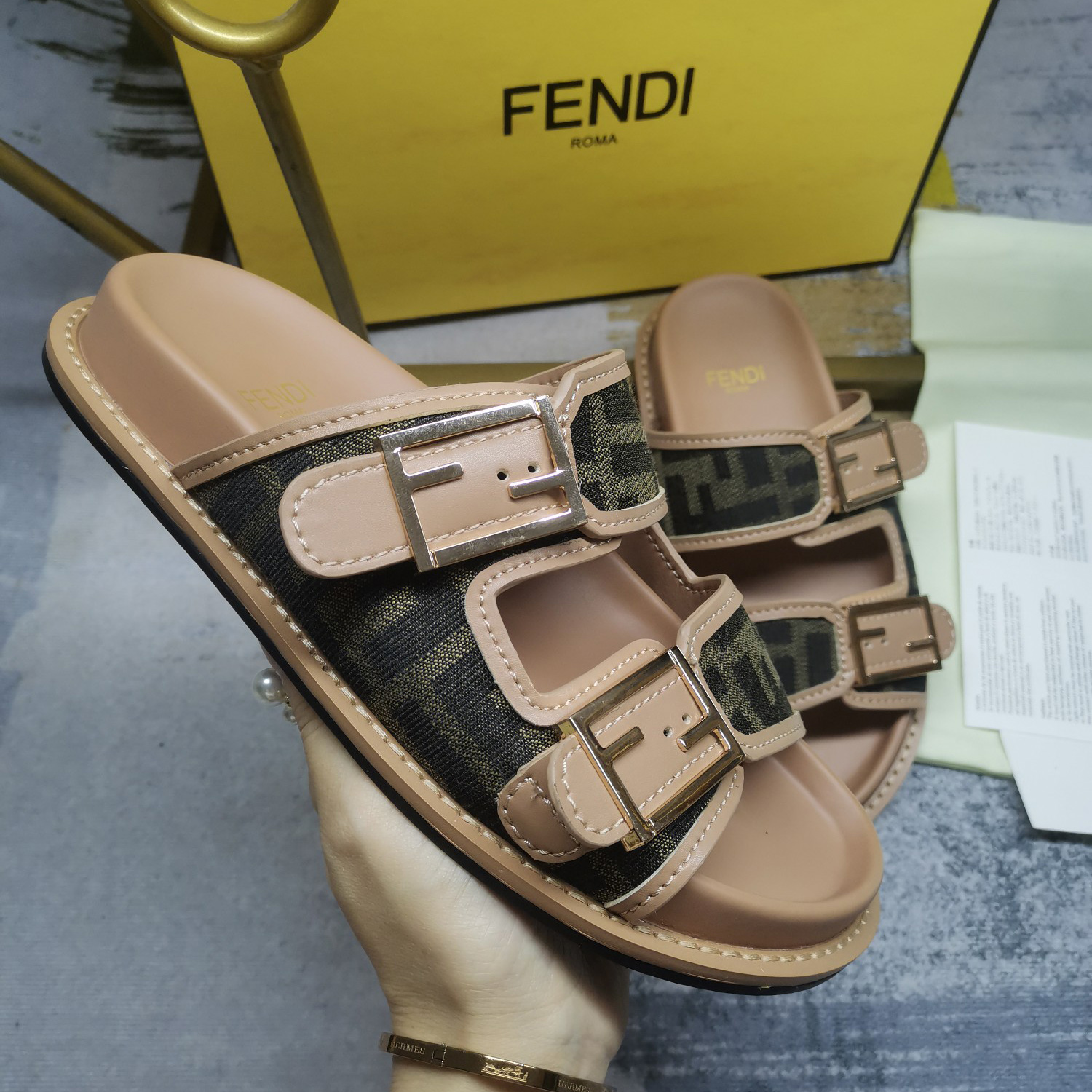 Fendi Feel Brown FF Fabric Slides - DopestKickz