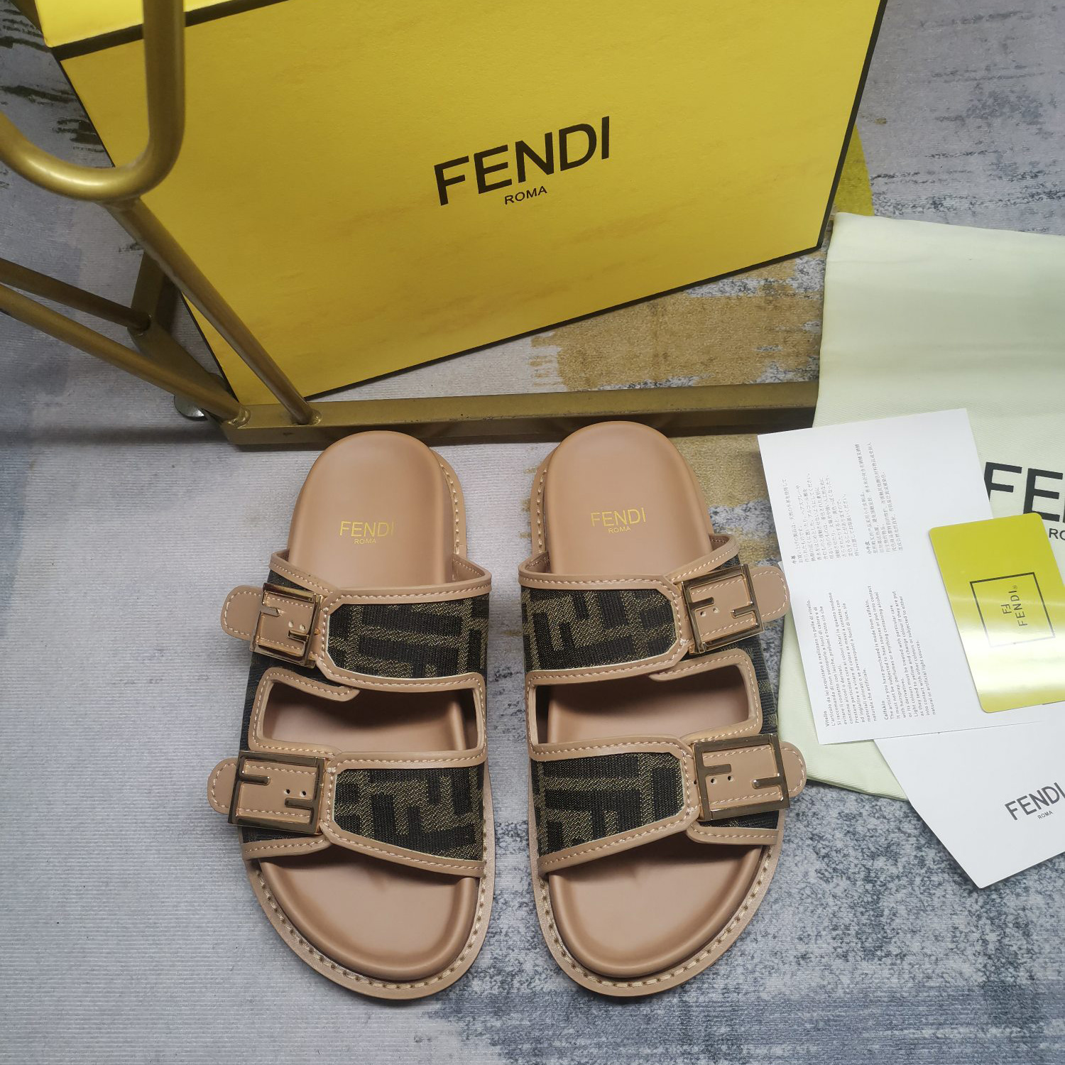 Fendi Feel Brown FF Fabric Slides - DopestKickz
