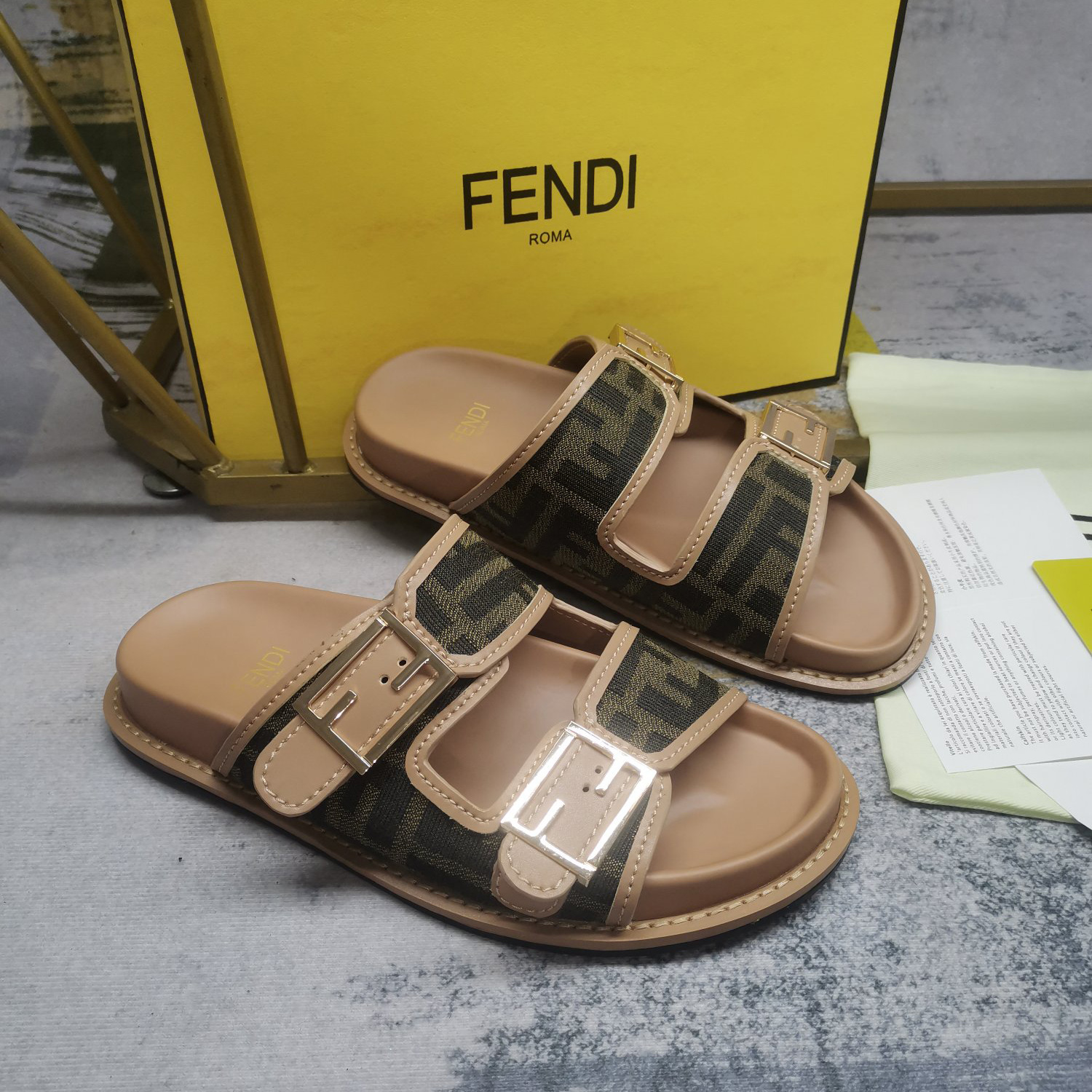 Fendi Feel Brown FF Fabric Slides - DopestKickz