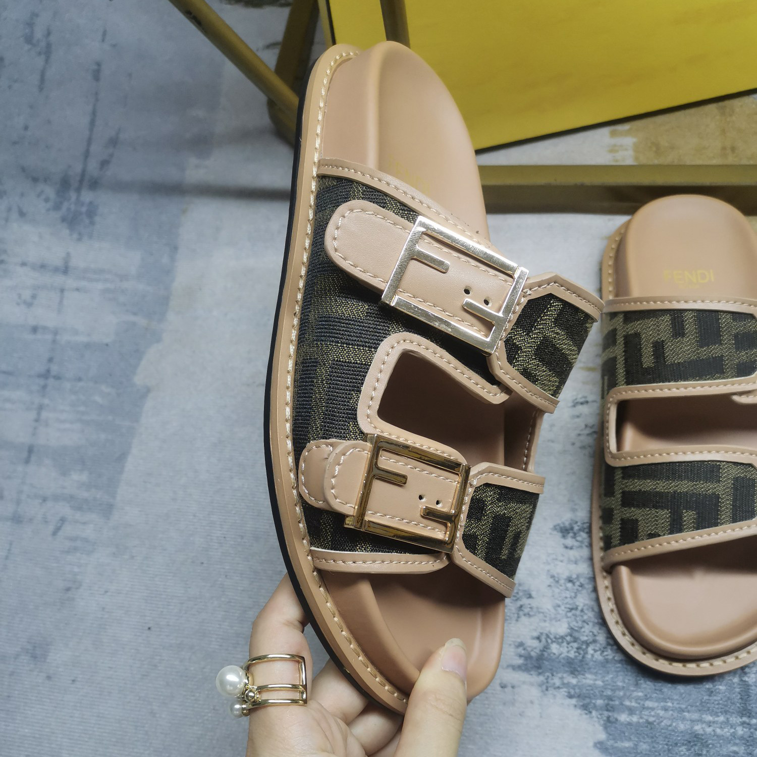 Fendi Feel Brown FF Fabric Slides - DopestKickz