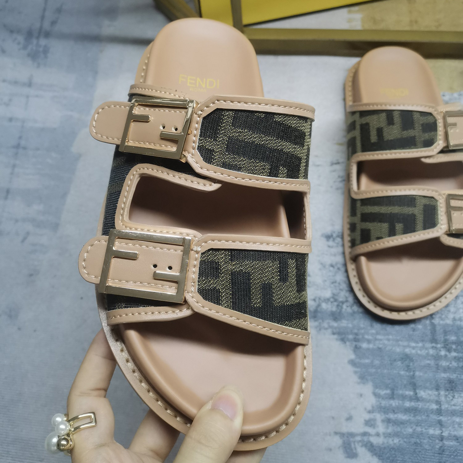 Fendi Feel Brown FF Fabric Slides - DopestKickz