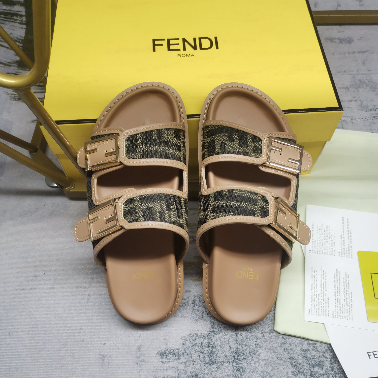 Fendi Feel Brown FF Fabric Slides - DopestKickz