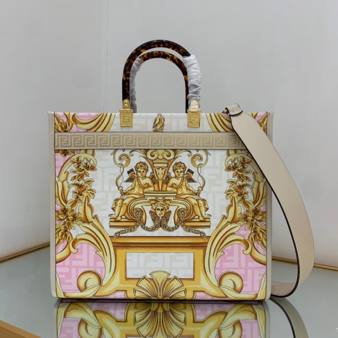 Versace x Fendi Sunshine Medium Fendace Printed White Leather Shopper(35-31-17cm) - DopestKickz