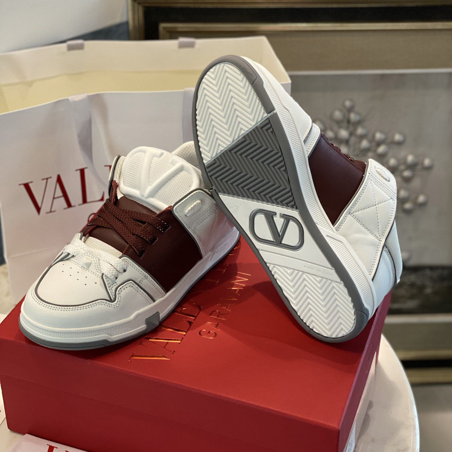 Valenti Open Skate Calfskin And Fabric Sneaker In White/Rubin - DopestKickz