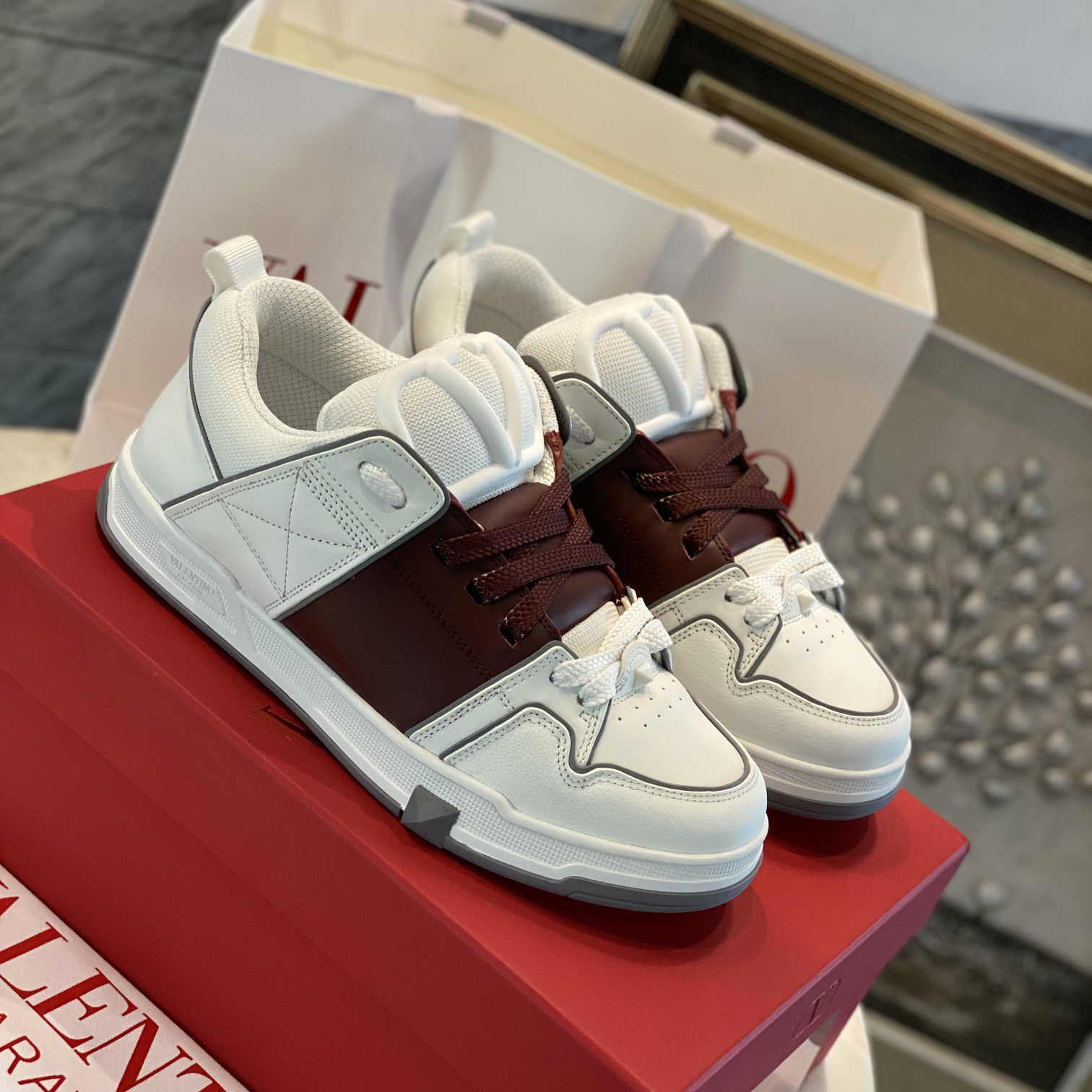 Valenti Open Skate Calfskin And Fabric Sneaker In White/Rubin - DopestKickz