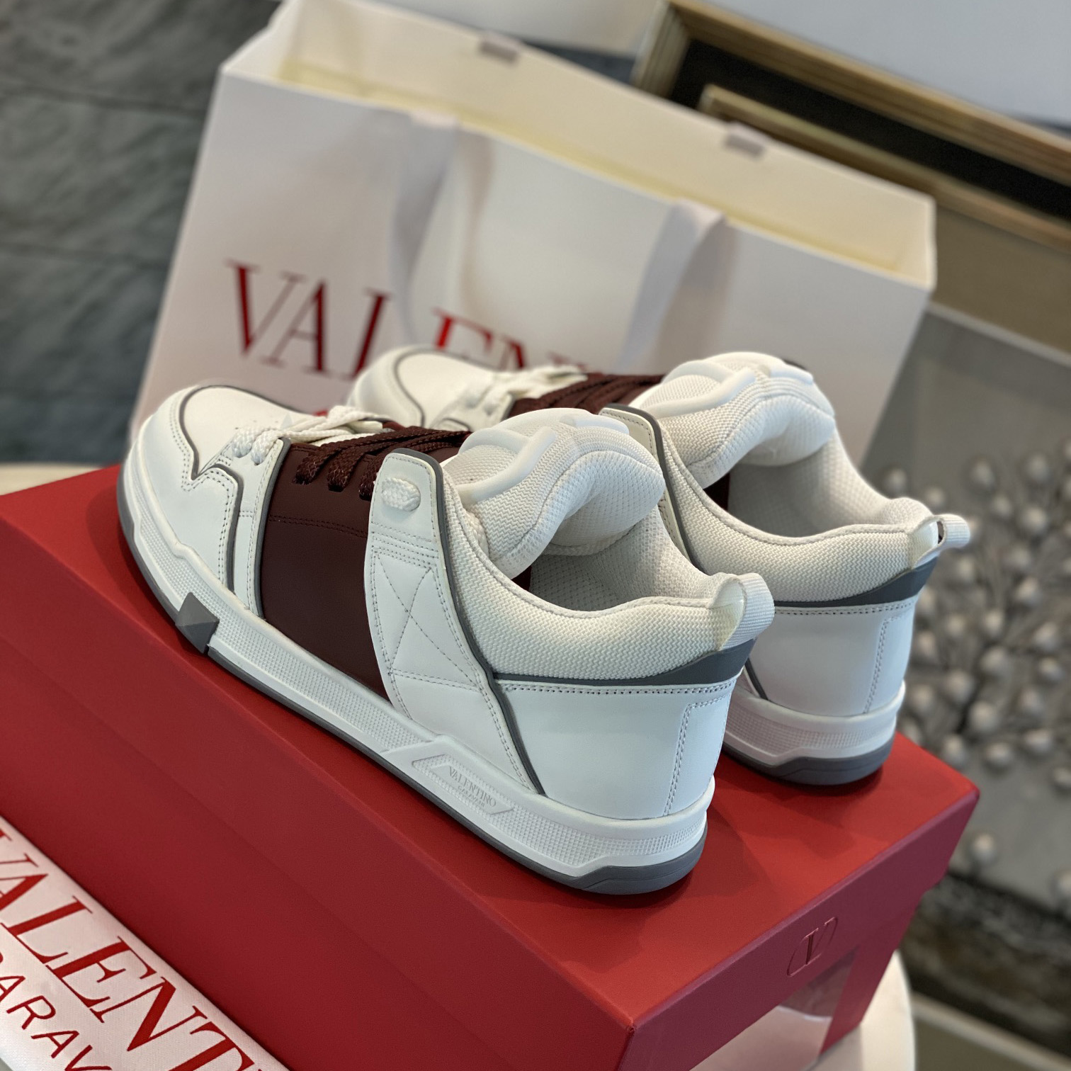 Valenti Open Skate Calfskin And Fabric Sneaker In White/Rubin - DopestKickz