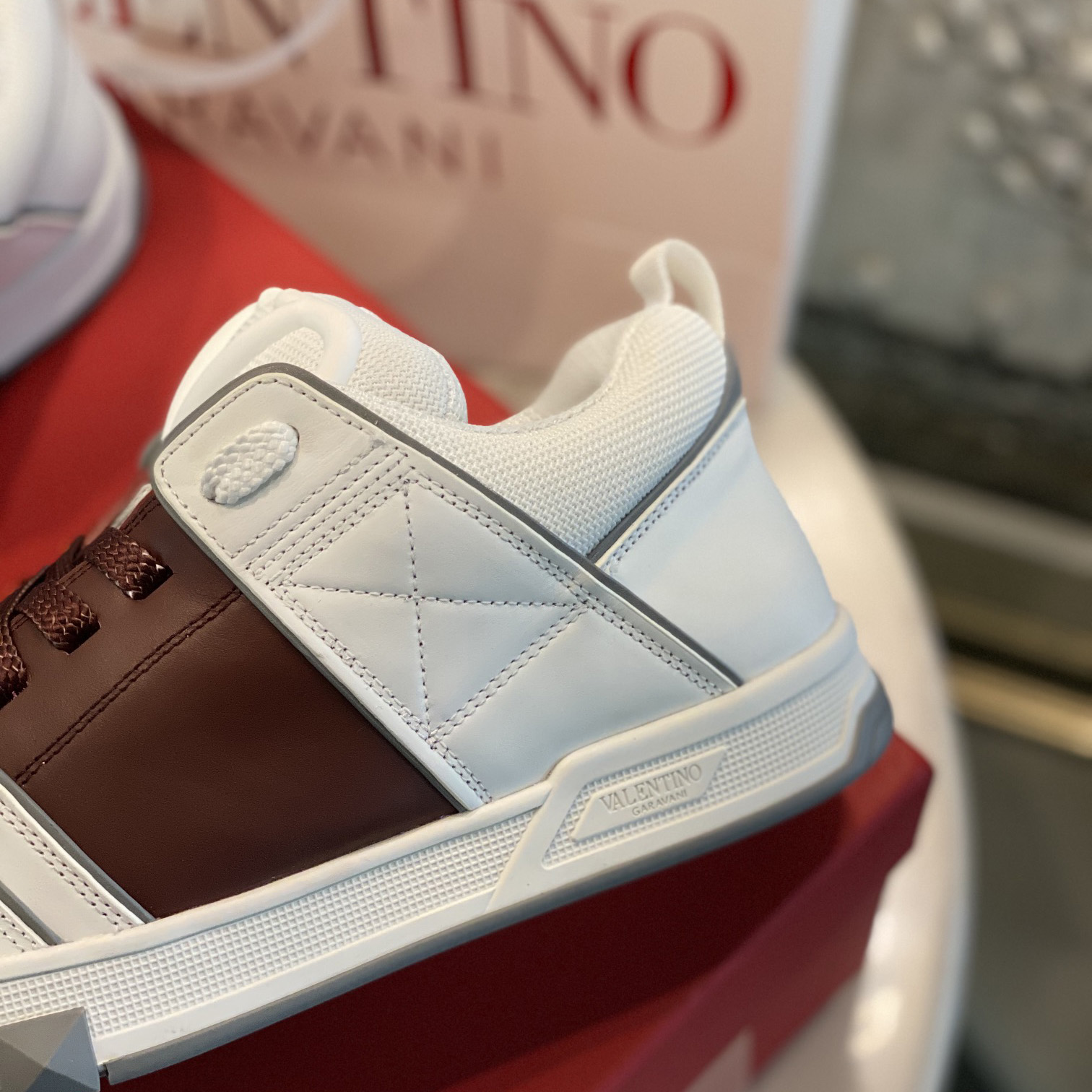 Valenti Open Skate Calfskin And Fabric Sneaker In White/Rubin - DopestKickz