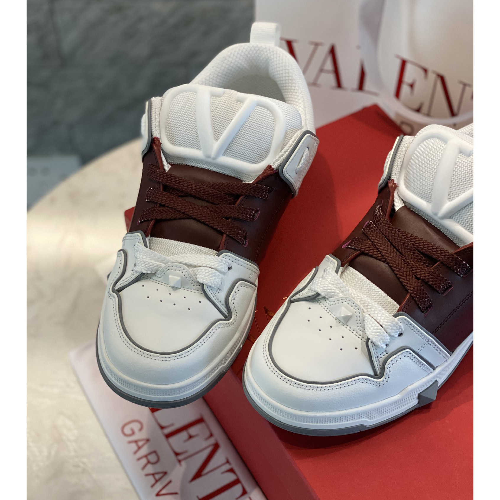 Valenti Open Skate Calfskin And Fabric Sneaker In White/Rubin - DopestKickz