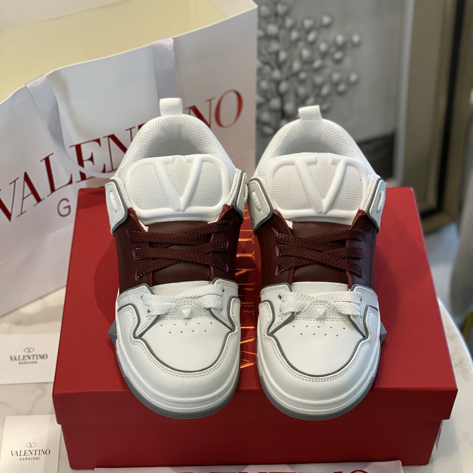 Valenti Open Skate Calfskin And Fabric Sneaker In White/Rubin - DopestKickz