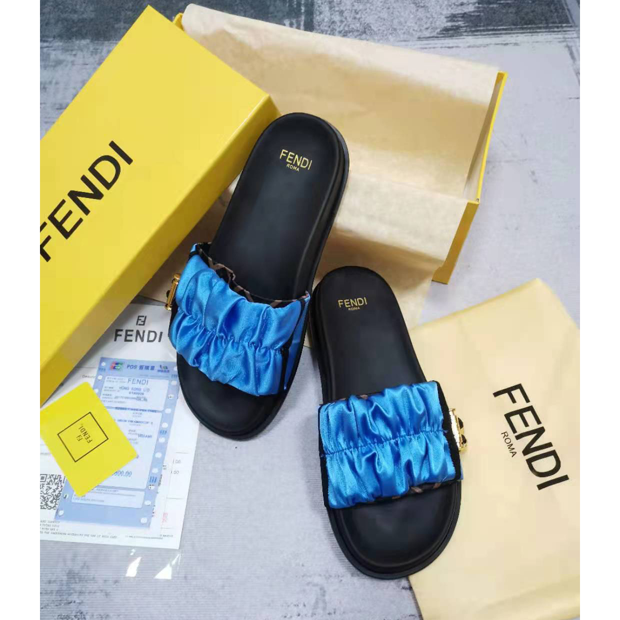 Fendi Fendi Feel Blue Satin Slides - DopestKickz