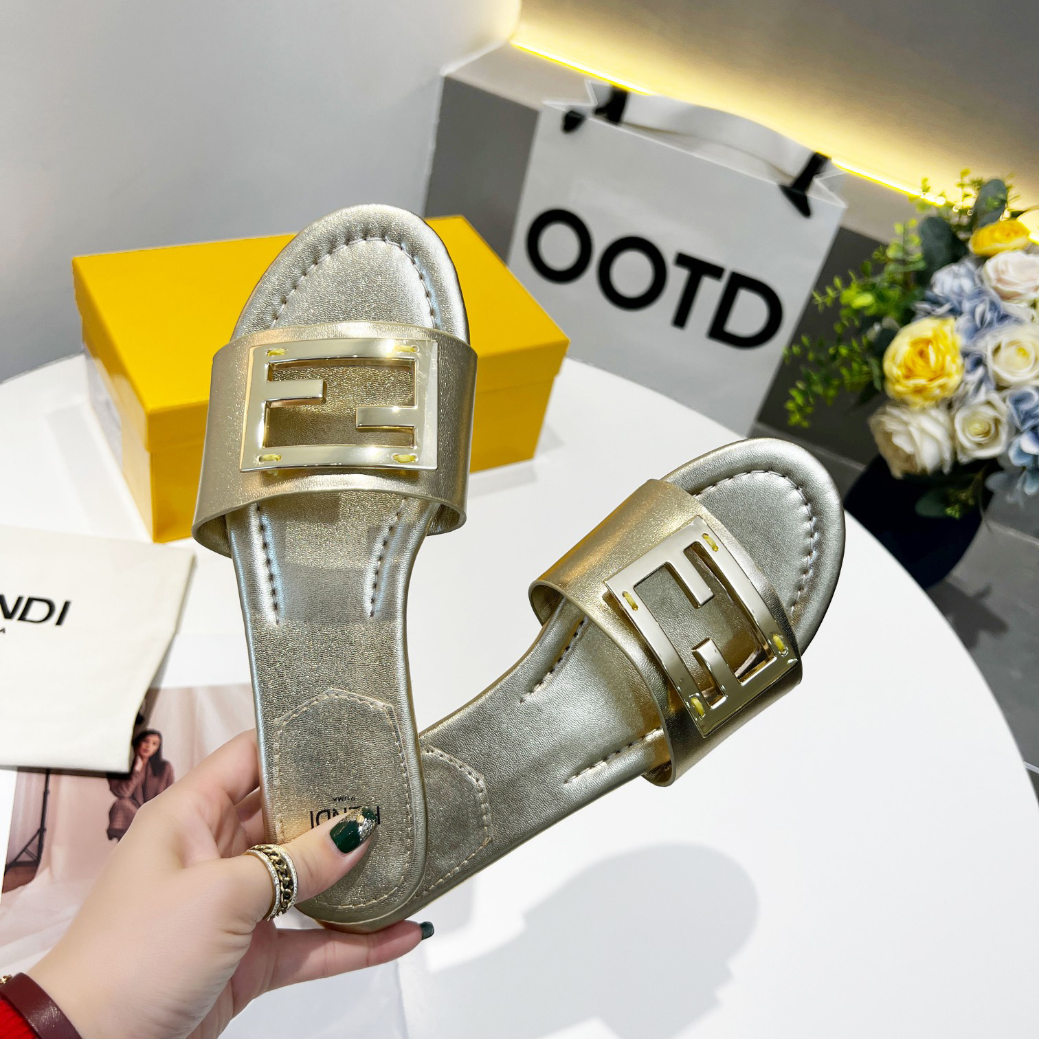 Fendi Baguette Gold nappa leather slides - DopestKickz