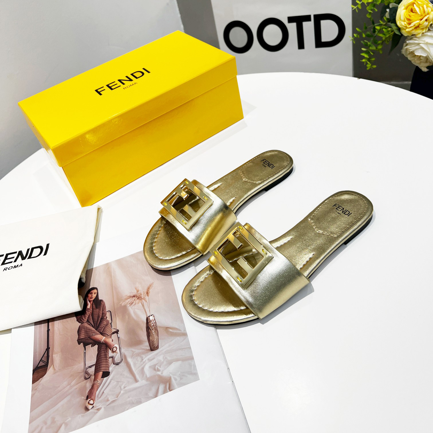 Fendi Baguette Gold nappa leather slides - DopestKickz