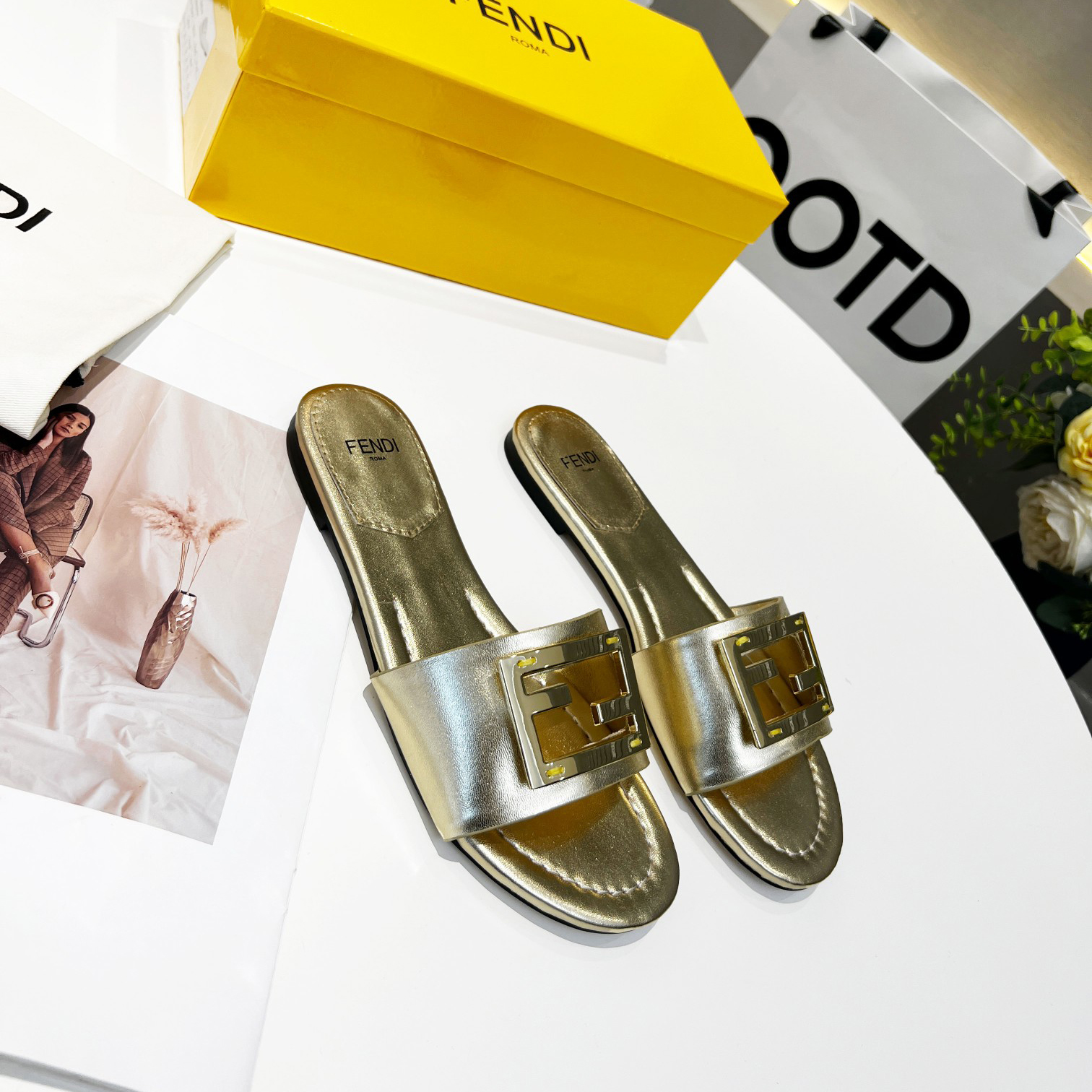 Fendi Baguette Gold nappa leather slides - DopestKickz