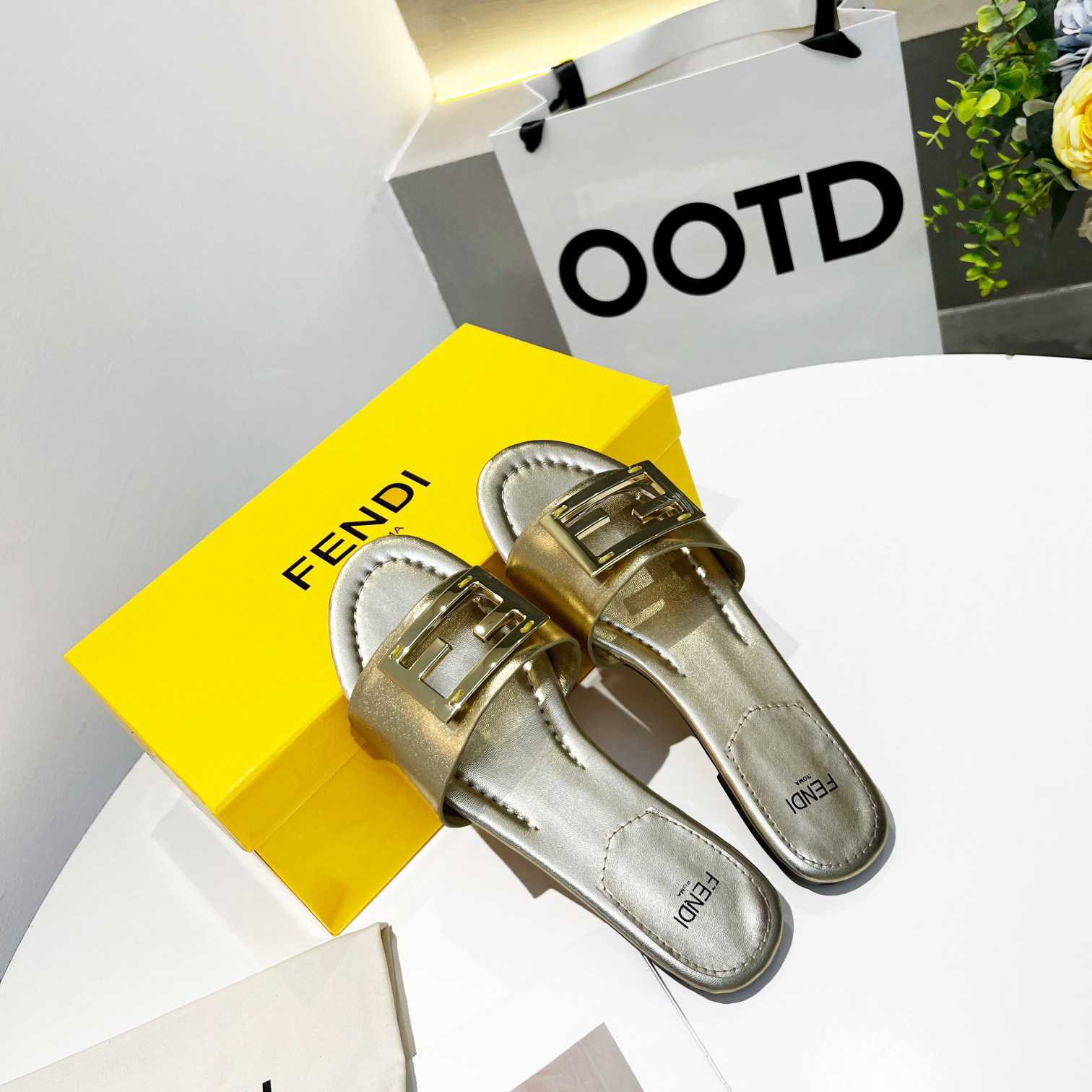 Fendi Baguette Gold nappa leather slides - DopestKickz