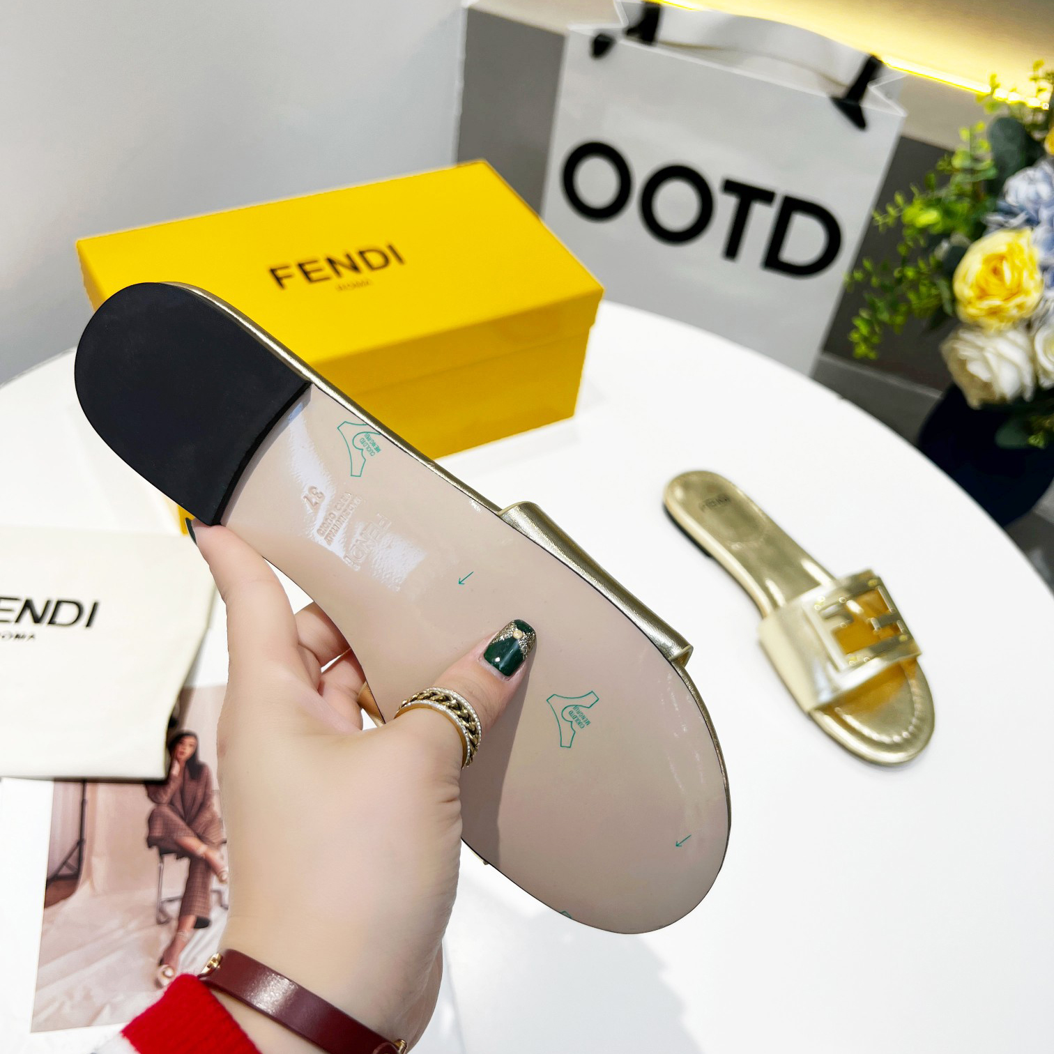 Fendi Baguette Gold nappa leather slides - DopestKickz