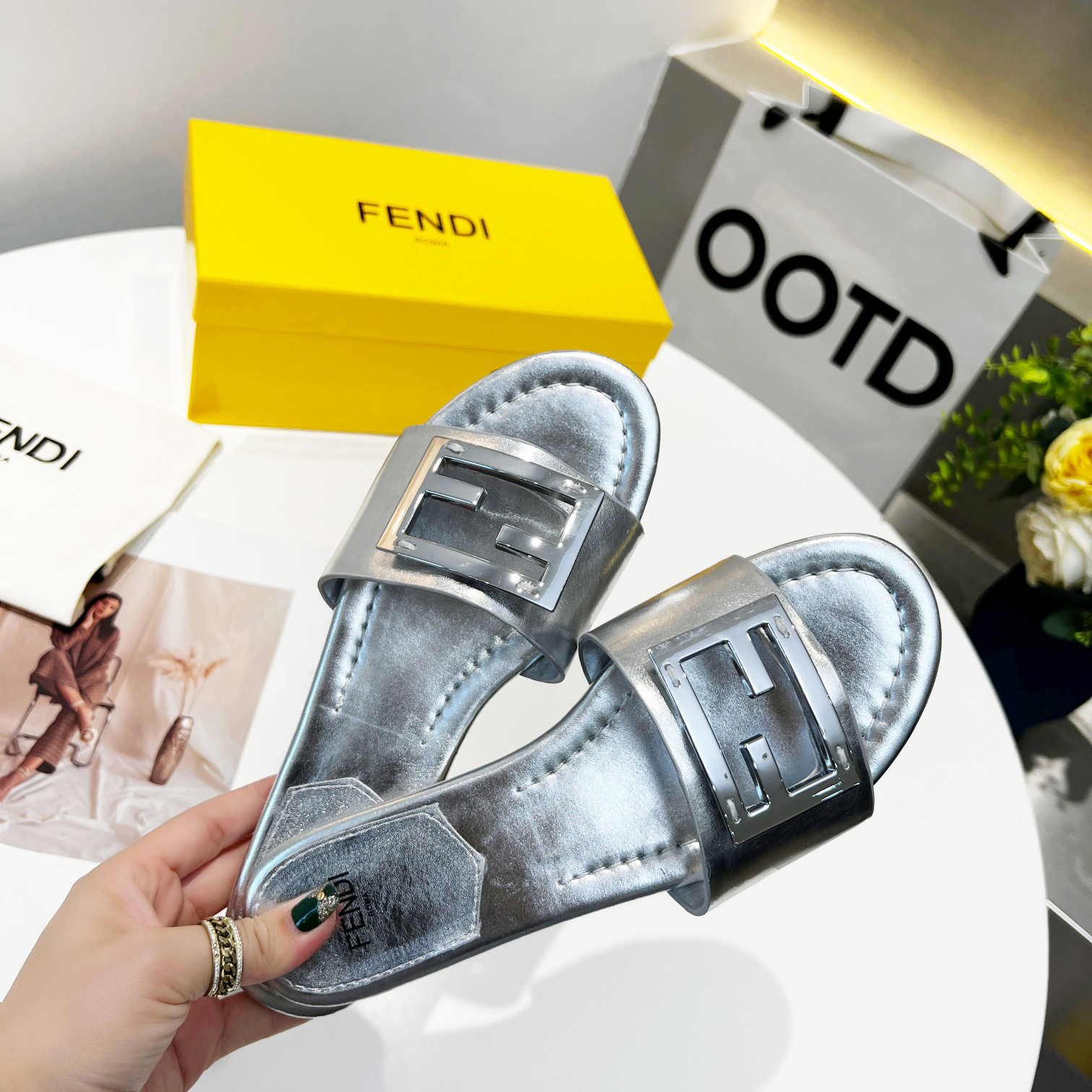 Fendi Baguette Silver Nappa Leather Slides - DopestKickz