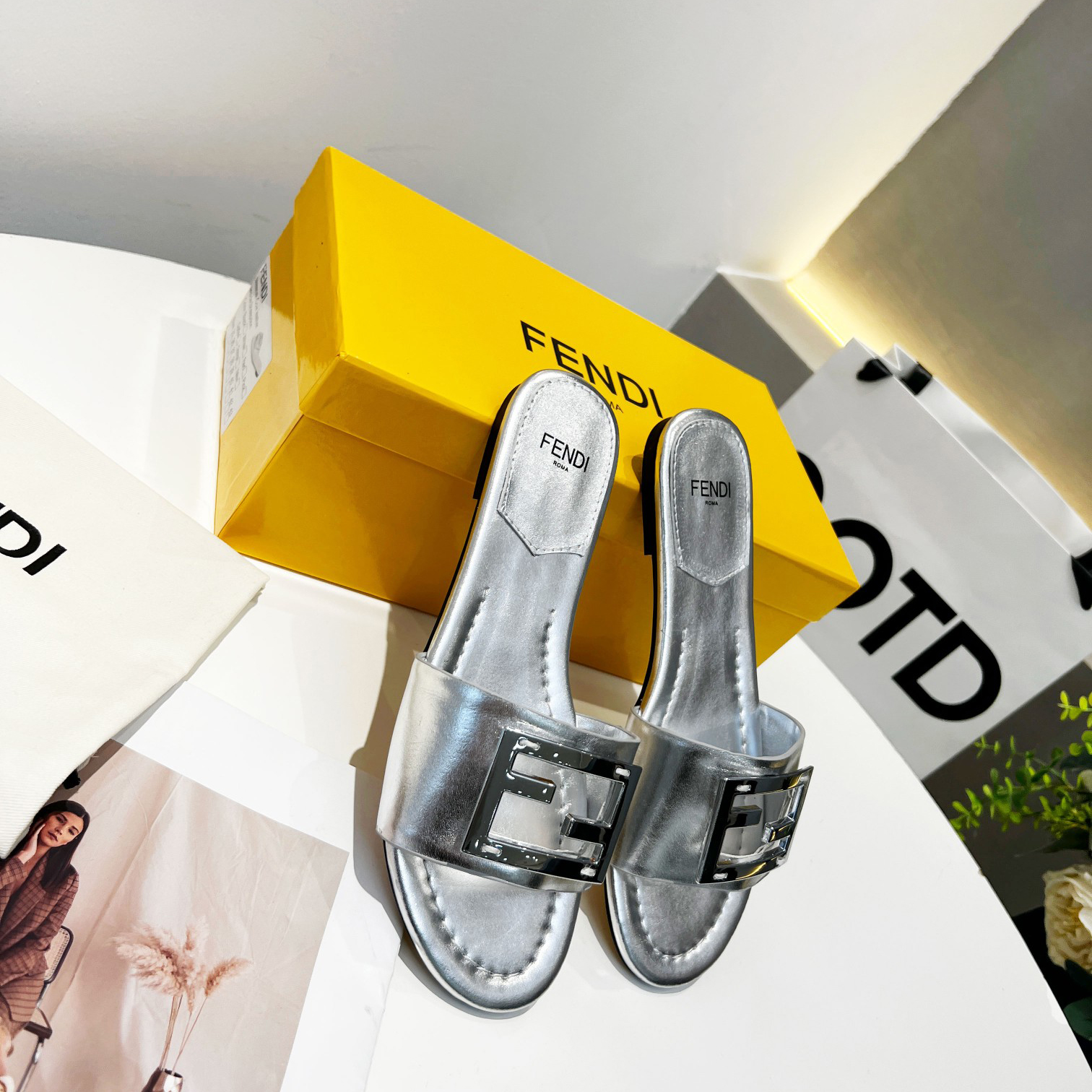 Fendi Baguette Silver Nappa Leather Slides - DopestKickz