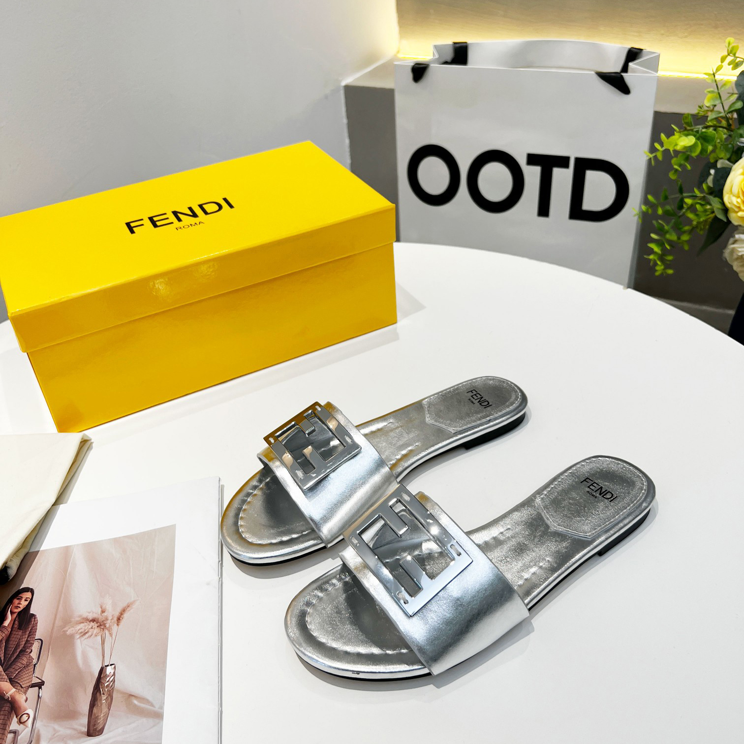 Fendi Baguette Silver Nappa Leather Slides - DopestKickz