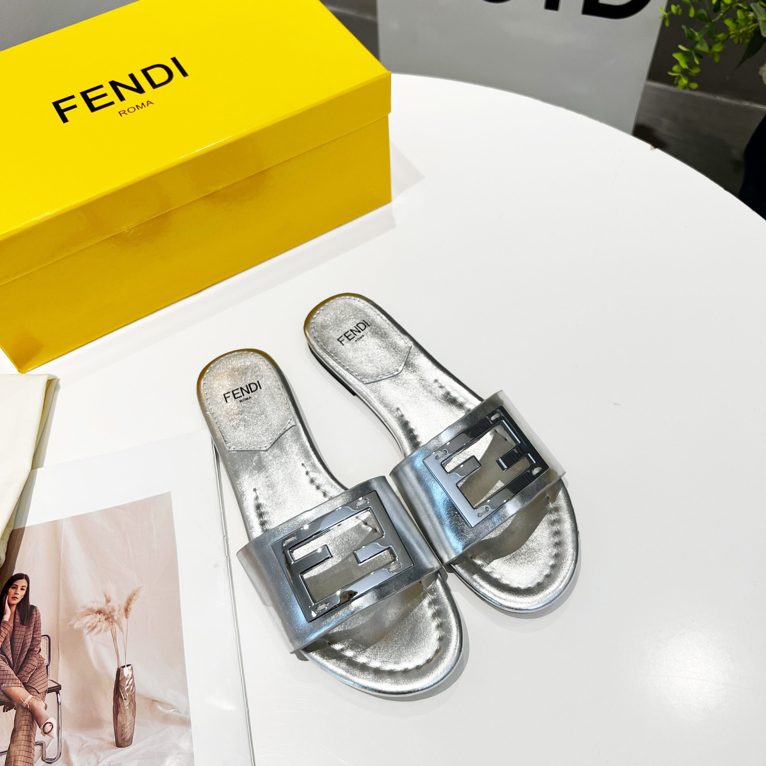 Fendi Baguette Silver Nappa Leather Slides - DopestKickz