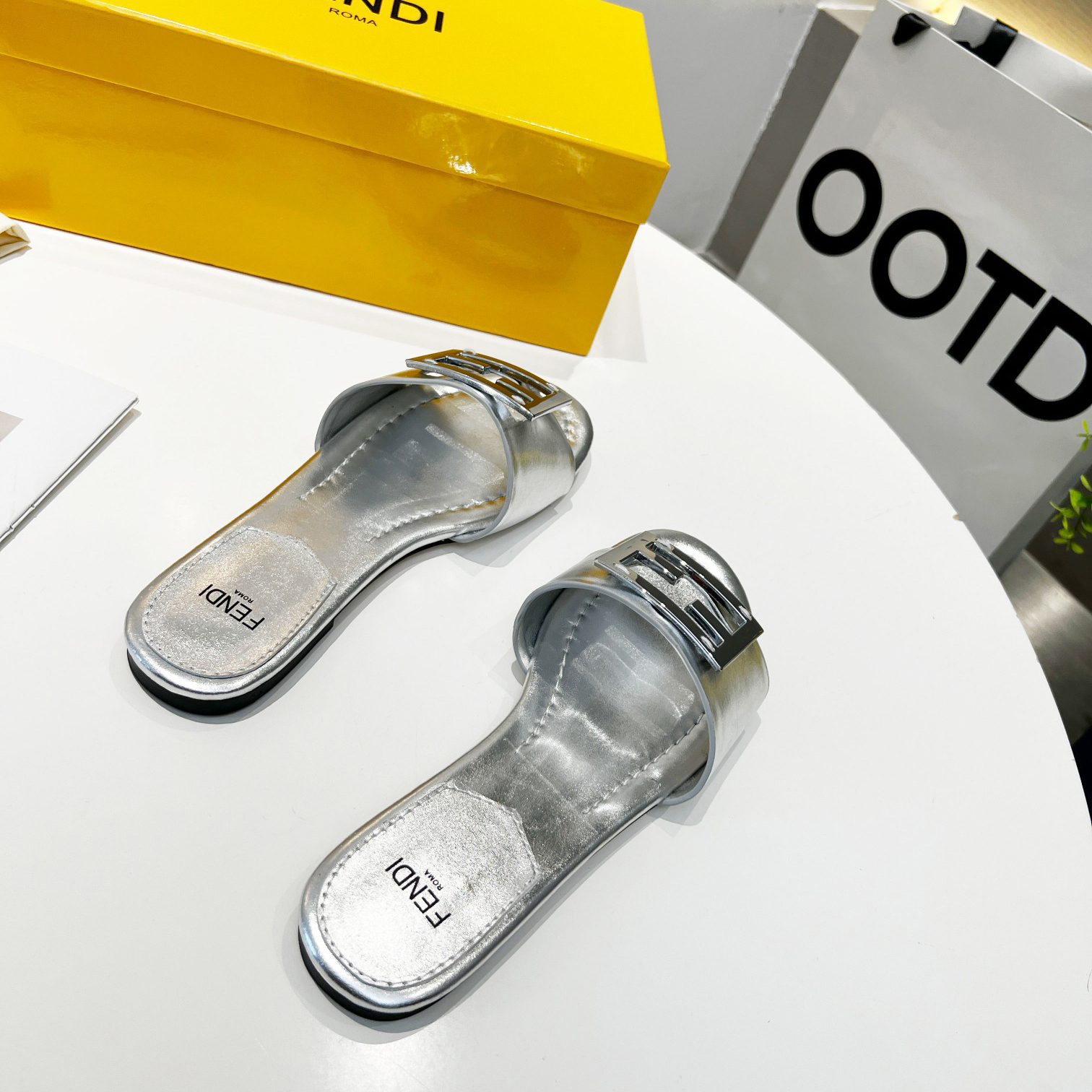 Fendi Baguette Silver Nappa Leather Slides - DopestKickz