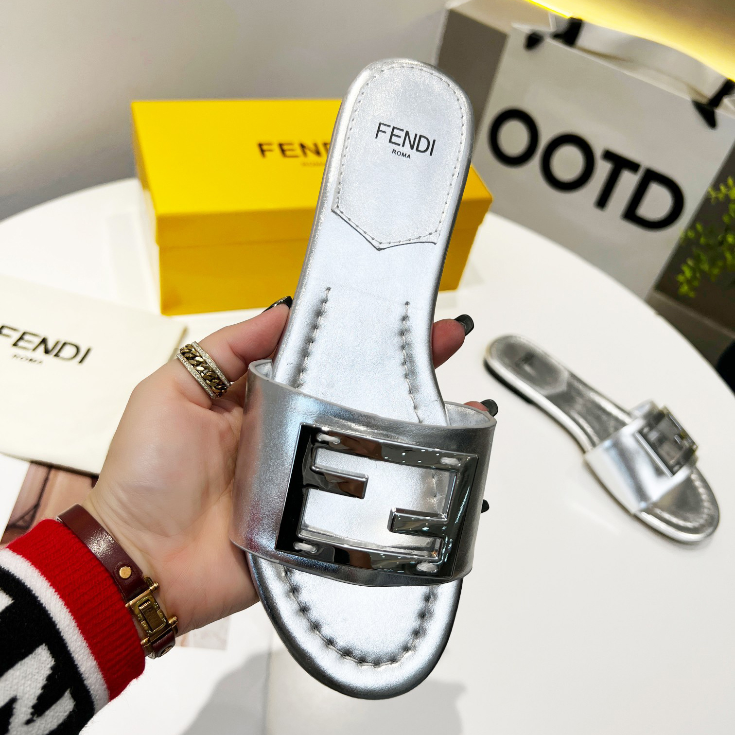 Fendi Baguette Silver Nappa Leather Slides - DopestKickz