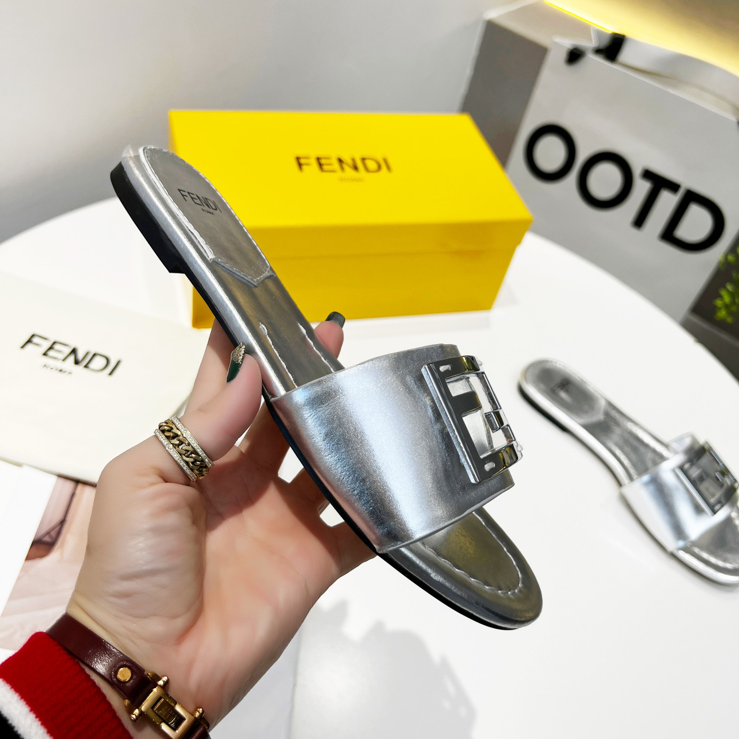 Fendi Baguette Silver Nappa Leather Slides - DopestKickz