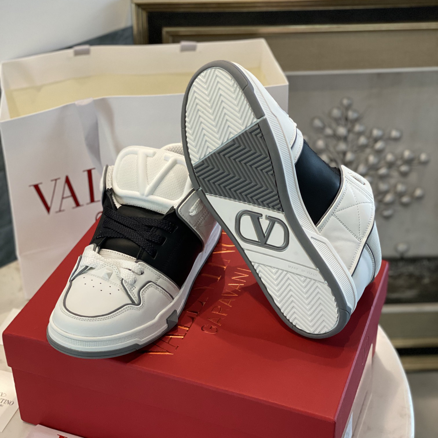 Valenti  Open Skate Calfskin And Fabric Sneaker In White/Black - DopestKickz