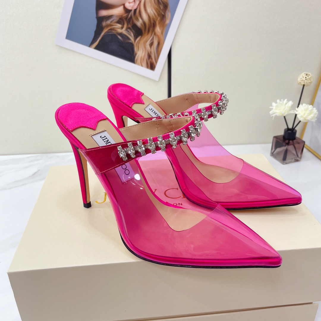 Jimmy Choo Bing 100 Hot Pink Neon Plexi Mules With Pink Crystal Strap - DopestKickz