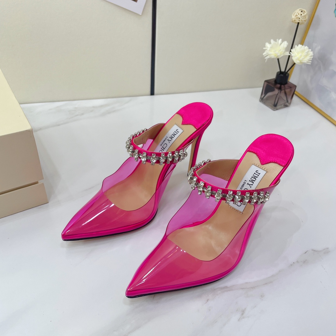 Jimmy Choo Bing 100 Hot Pink Neon Plexi Mules With Pink Crystal Strap - DopestKickz